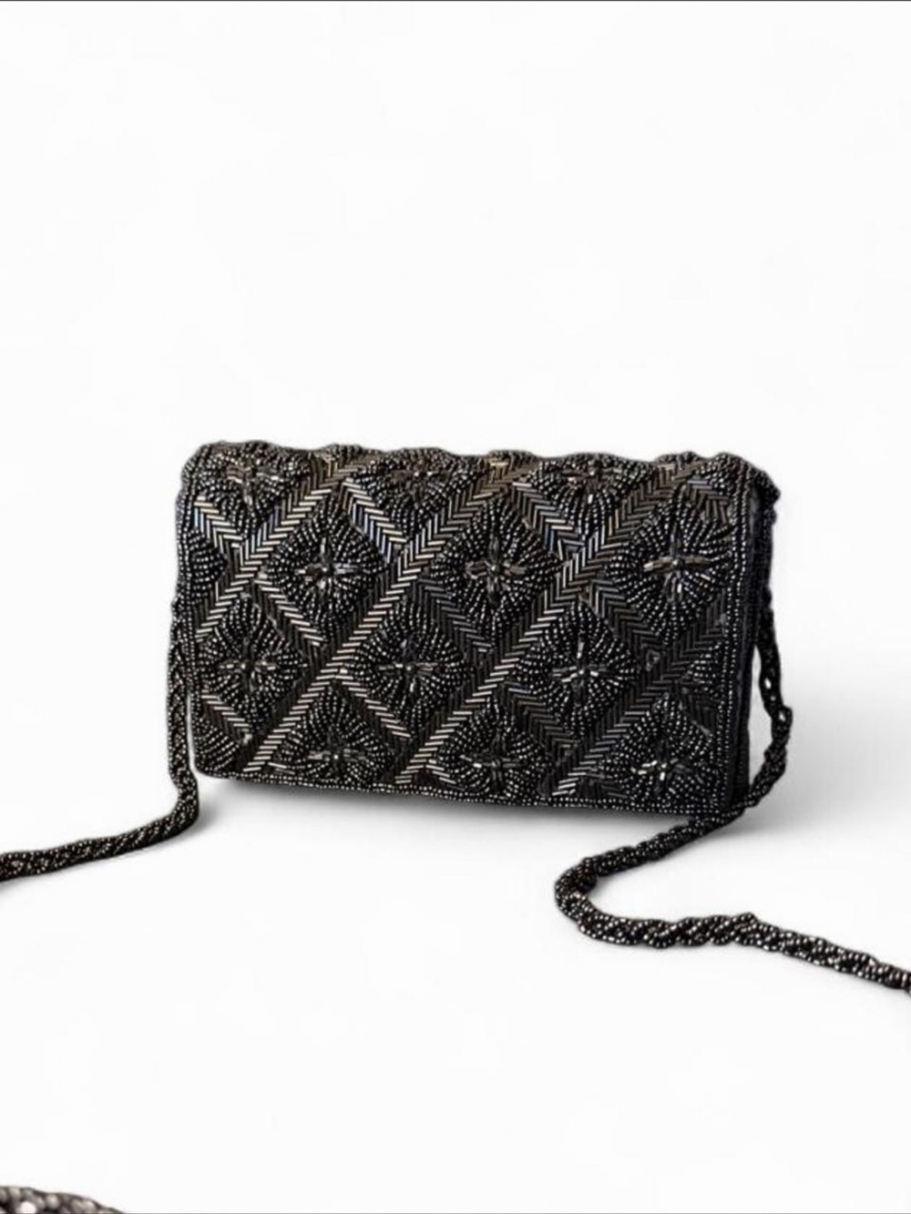 Vintage Black Beaded Evening Bag Crossbody Clutch